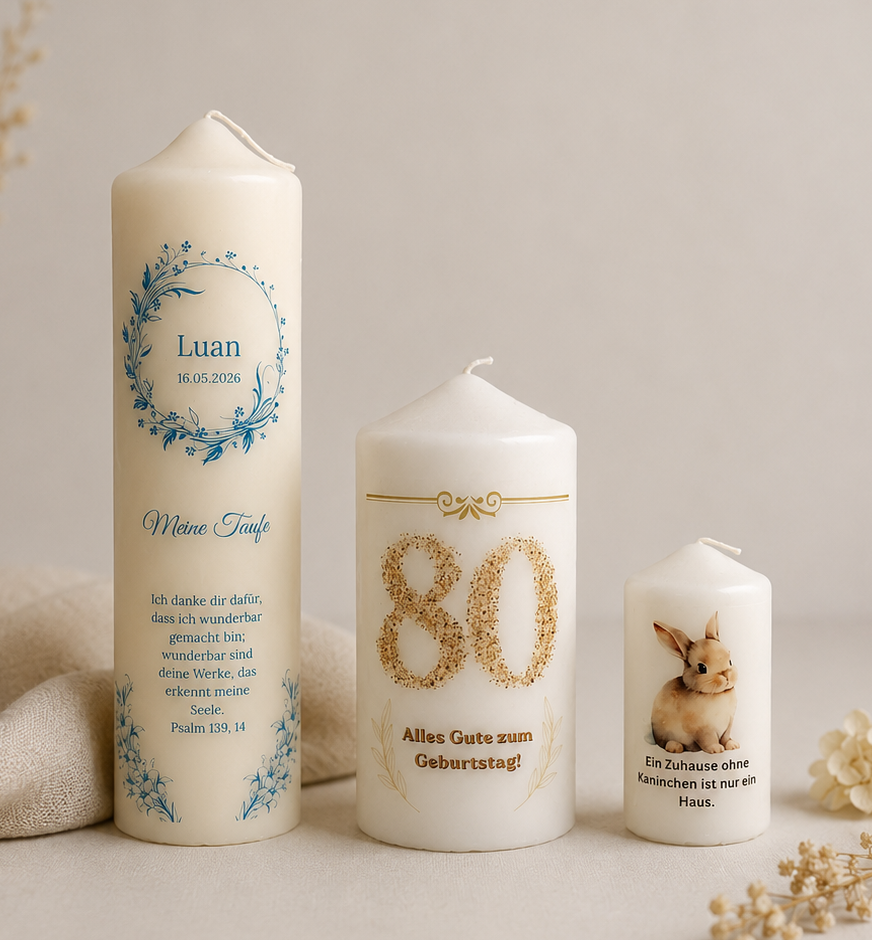 Personalisierte KErzen - Taufe, 80.Geburtstag, Kaninchen