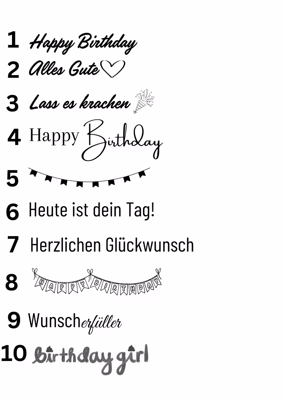Auswahl an Schriftzügen/Texten/Motiven zum Geburtstag, bedruckte Stabkerzen Alles Gute, Geburtstagskerze, Glückwünsche