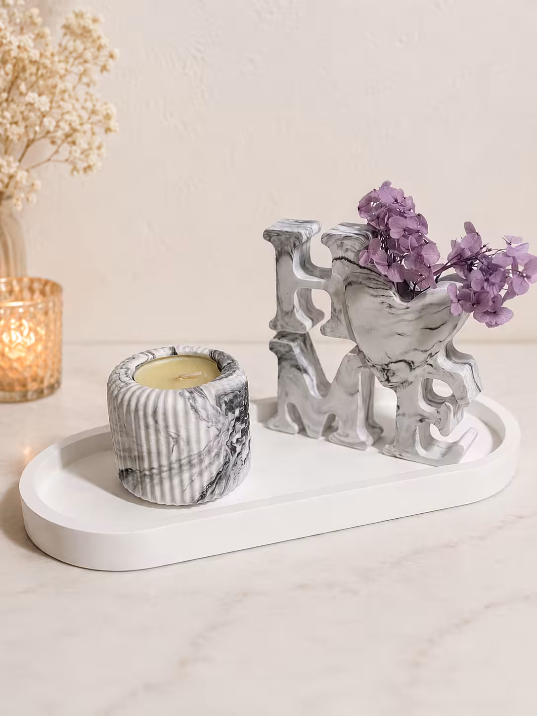 Dekotablett mit Home-Vase und Teelichthalter