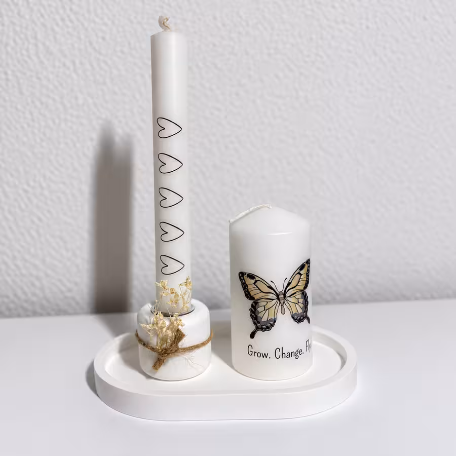 Dekotablett aus Gips, Stabkerze Herzen, Stumpenkerze Schmetterling, handmade