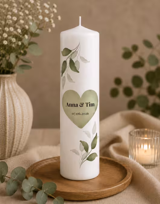 Große Hochzeitskerze fürs Brautpaar, Trauungskerze, Ehekerze, Herzmotiv mit Namen und Datum, weiße Kerze mit grünem Motiv