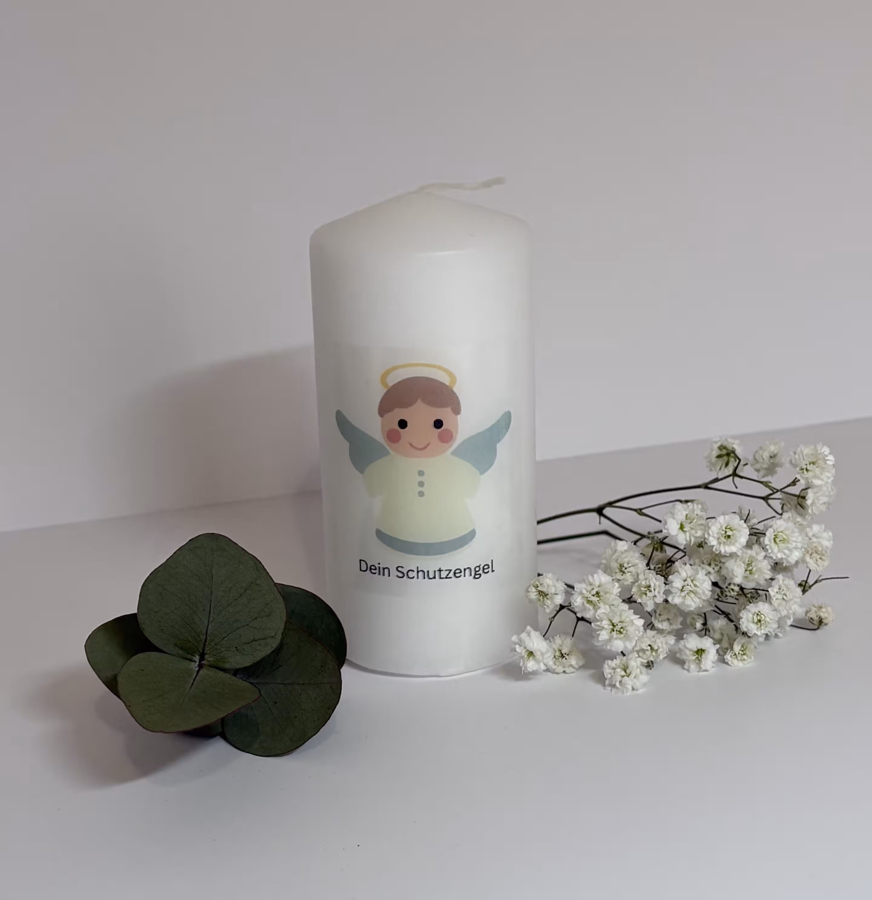 weiße Kerze mit Schutzengel zur Taufe/Kommunion/Konfirmation, handgemacht, bedruckt, Segenskerze