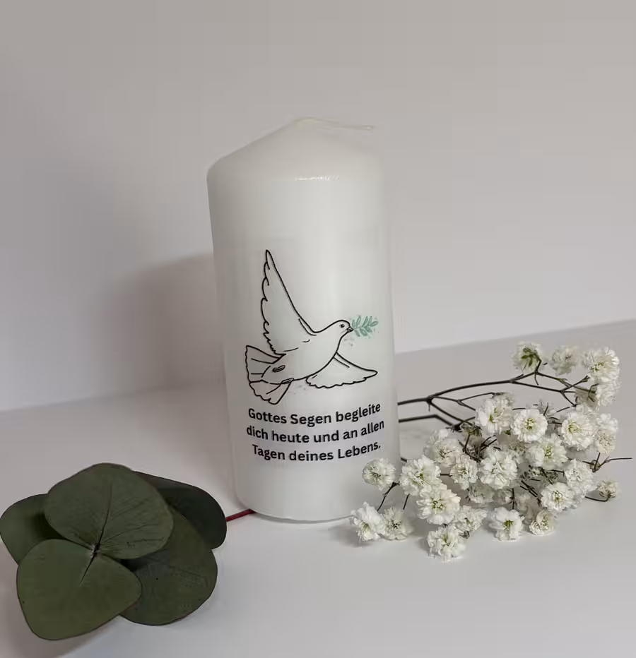weiße Kerze mit Friedenstaube und Sprüchen/Texten zur Taufe/Kommunion/Konfirmation, handgemacht, bedruckt, Segenskerze