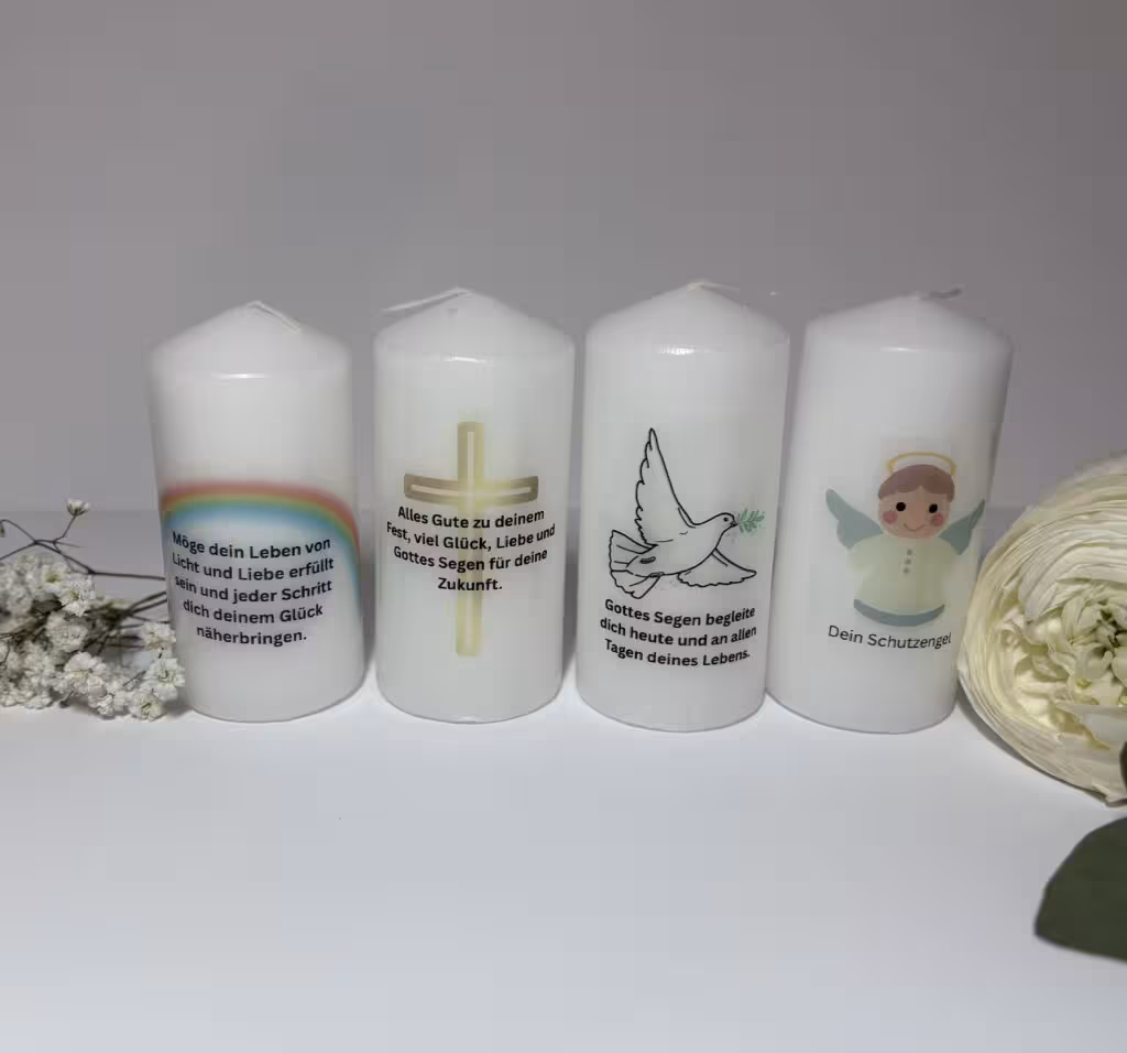 weiße Kerzen mit Motiven und Sprüchen/Texten zur Taufe/Kommunion/Konfirmation, handgemacht, bedruckt