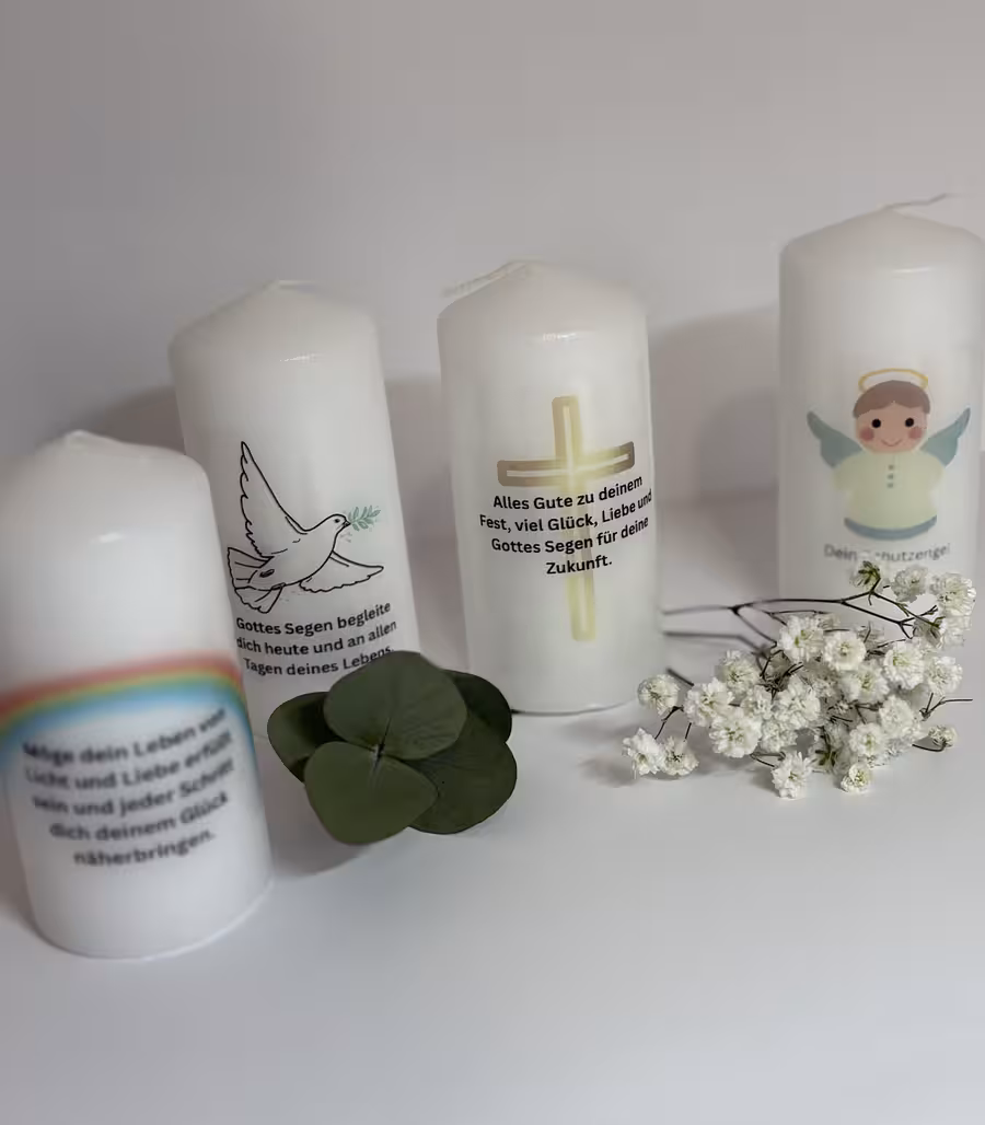 weiße Kerzen mit Motiven und Sprüchen/Texten zur Taufe/Kommunion/Konfirmation, handgemacht, bedruckt, Segenskerzen