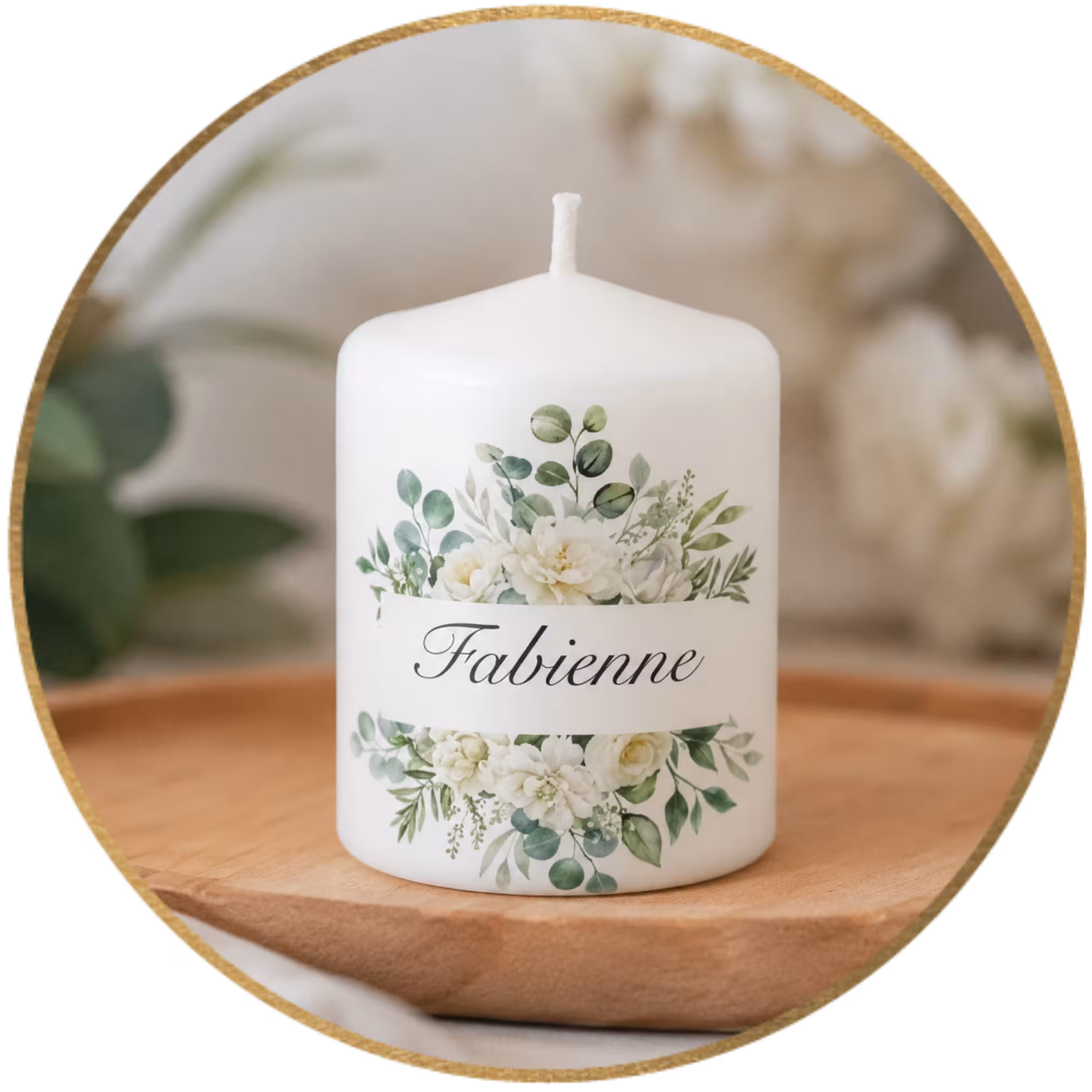 Namenskerze mit Blumenmuster, Eukalyptus, Kleine Kerze als Namensschild/Platzkarte für Hochzeit