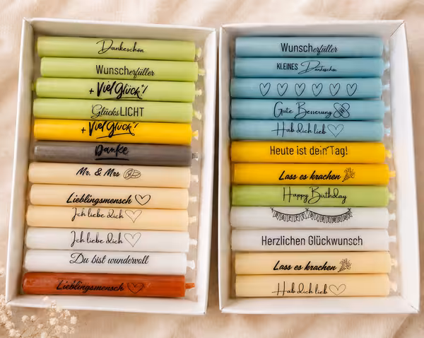 Bedruckte Stabkerzen in weiß, mint, grün, gelb, creme, türkis, rosa, individueller Text, personalisiert, Geburtstag, Liebe