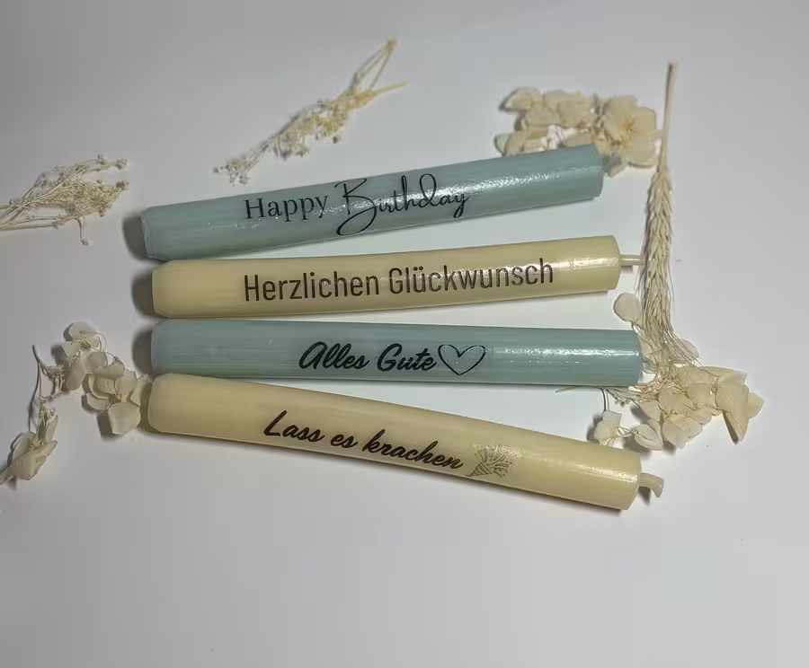 Stabkerzen zum Geburtstag mint/türkis, creme, weiß, grün, gelb, bedruckt, handgemacht, Glückwünsche, Geschenk