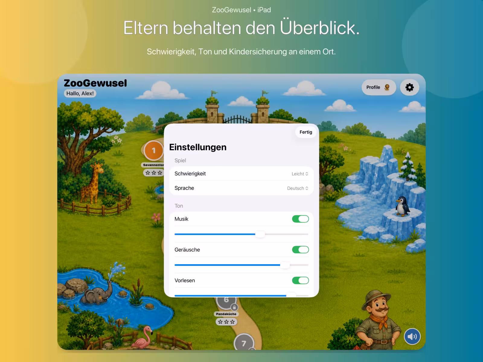 Einstellungen und Kindersicherung im iPad-Spiel ZooGewusel