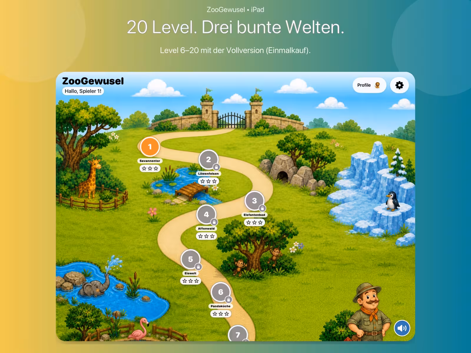 Levelweg des Kinderspiels ZooGewusel mit Zoo, Park und Stadt